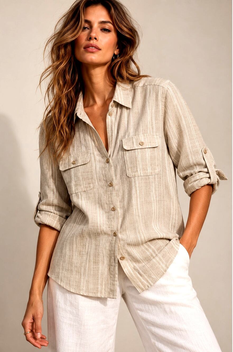 Studio Works 100% Linen Striped Button Down Shirt Large NWT